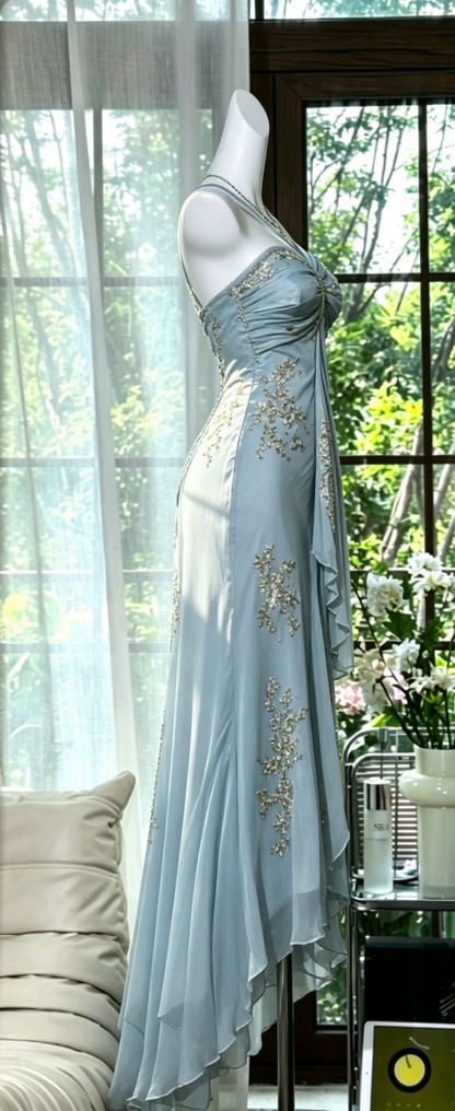 Chic Halter Sheath Chiffon Beaded Long Evening Dress Dusty Blue Prom Dress DP05631