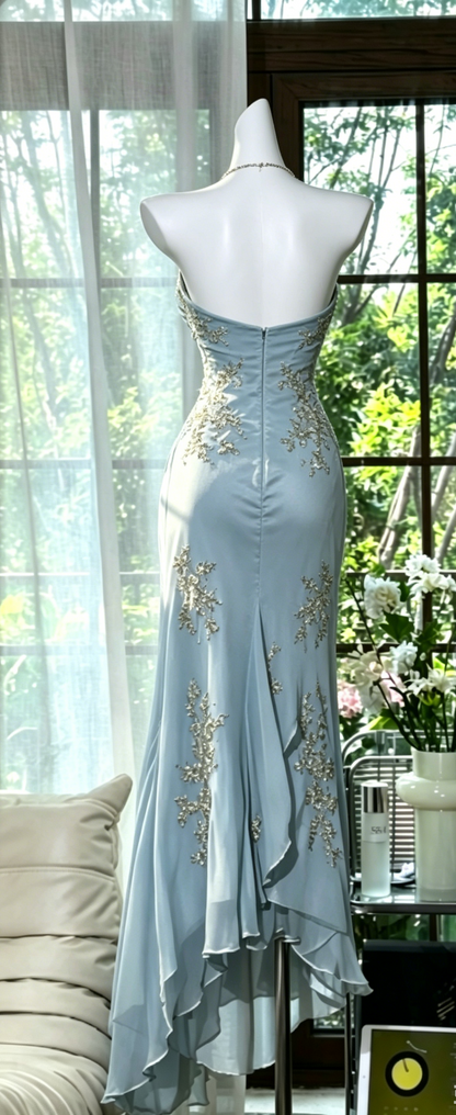 Chic Halter Sheath Chiffon Beaded Long Evening Dress Dusty Blue Prom Dress DP05631