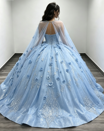Gorgeous Sweetheart Ball Gown Quinceanera Dress Satin Applique Long Birthday Dress Pale Blue Sweet 16 Dress DP05644