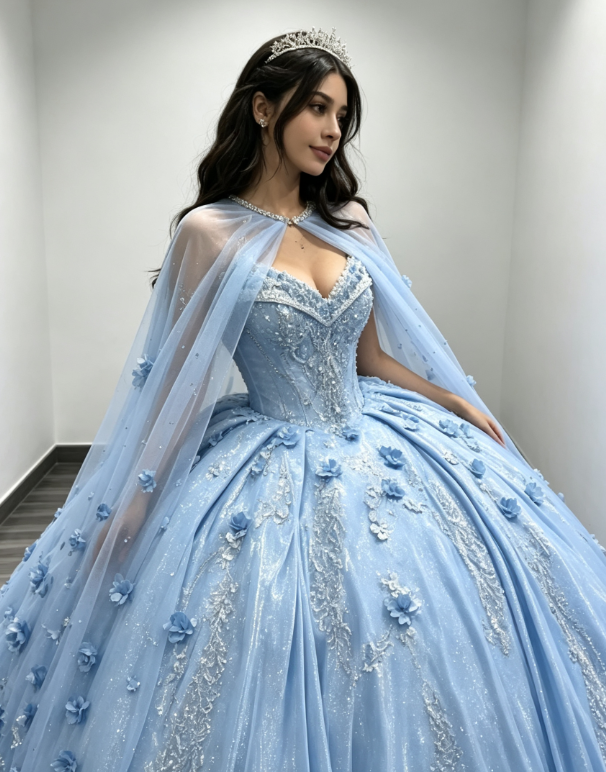 Gorgeous Sweetheart Ball Gown Quinceanera Dress Satin Applique Long Birthday Dress Pale Blue Sweet 16 Dress DP05644