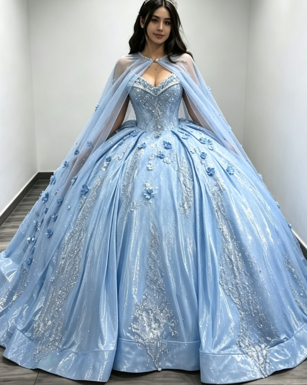 Gorgeous Sweetheart Ball Gown Quinceanera Dress Satin Applique Long Birthday Dress Pale Blue Sweet 16 Dress DP05644
