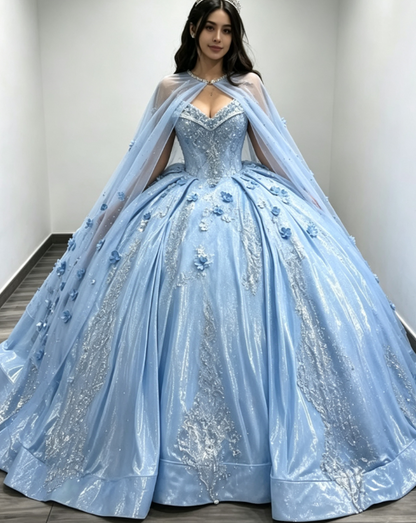 Gorgeous Sweetheart Ball Gown Quinceanera Dress Satin Applique Long Birthday Dress Pale Blue Sweet 16 Dress DP05644