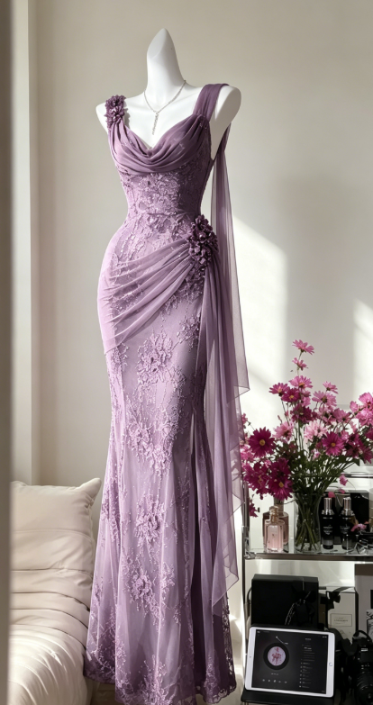Glam Purple Prom Dress Straps Sheath Chiffon Beaded Long Evening Dress DP05737
