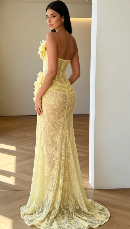 Chic Yellow Prom Dress Sweetheart Sheath Lace Long Evening Dress DP05868