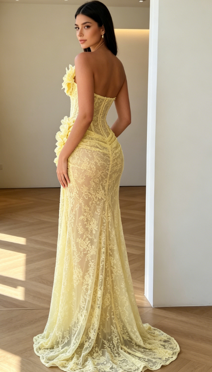 Chic Yellow Prom Dress Sweetheart Sheath Lace Long Evening Dress DP05868