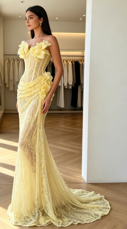 Chic Yellow Prom Dress Sweetheart Sheath Lace Long Evening Dress DP05868