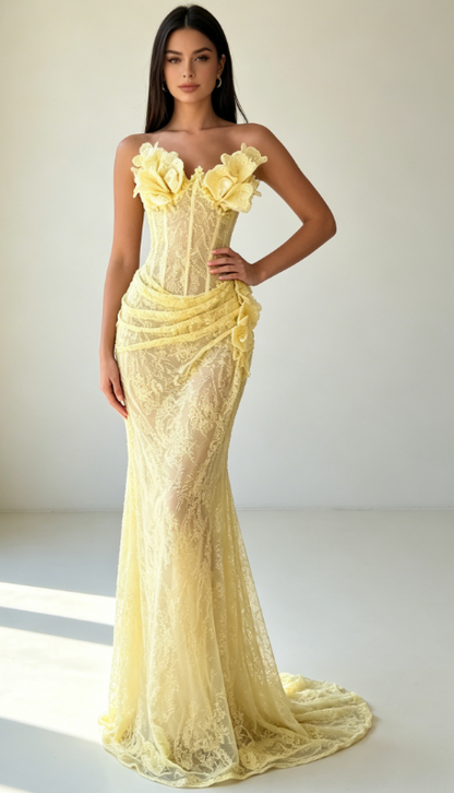 Chic Yellow Prom Dress Sweetheart Sheath Lace Long Evening Dress DP05868