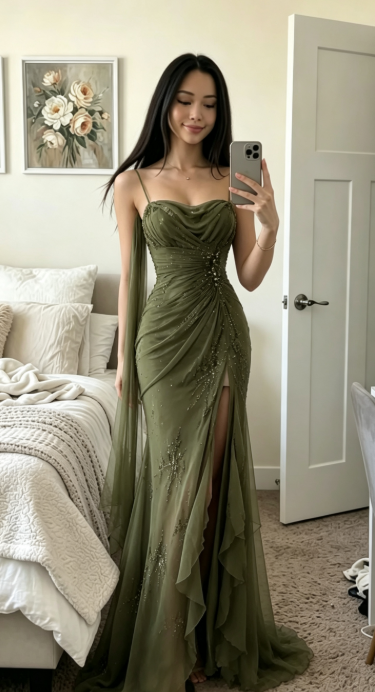 Chic Dark Green Prom Dress Spagehtti Straps Sheath Beaded Chiffon Long Evening Dress DP05870