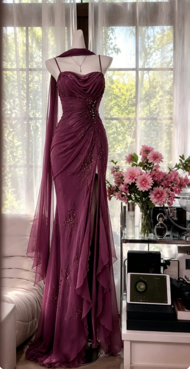 Chic Dark Green Prom Dress Spagehtti Straps Sheath Beaded Chiffon Long Evening Dress DP05870