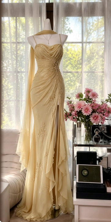 Chic Dark Green Prom Dress Spagehtti Straps Sheath Beaded Chiffon Long Evening Dress DP05870