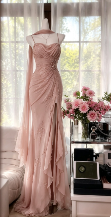Chic Dark Green Prom Dress Spagehtti Straps Sheath Beaded Chiffon Long Evening Dress DP05870