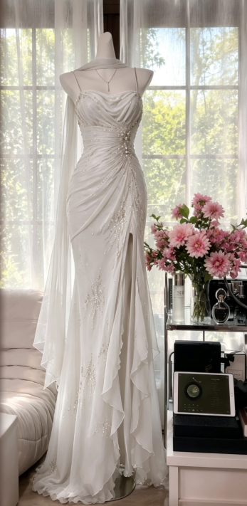 Chic Dark Green Prom Dress Spagehtti Straps Sheath Beaded Chiffon Long Evening Dress DP05870