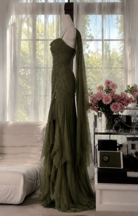 Chic Dark Green Prom Dress Spagehtti Straps Sheath Beaded Chiffon Long Evening Dress DP05870