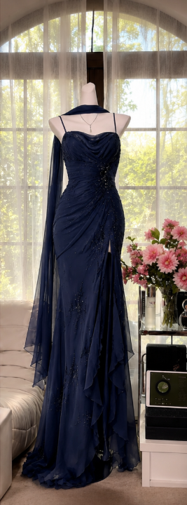 Chic Dark Green Prom Dress Spagehtti Straps Sheath Beaded Chiffon Long Evening Dress DP05870