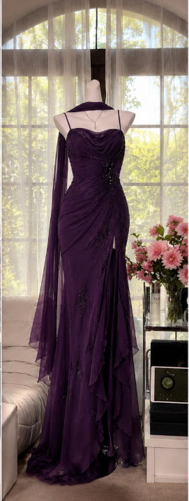 Chic Dark Green Prom Dress Spagehtti Straps Sheath Beaded Chiffon Long Evening Dress DP05870