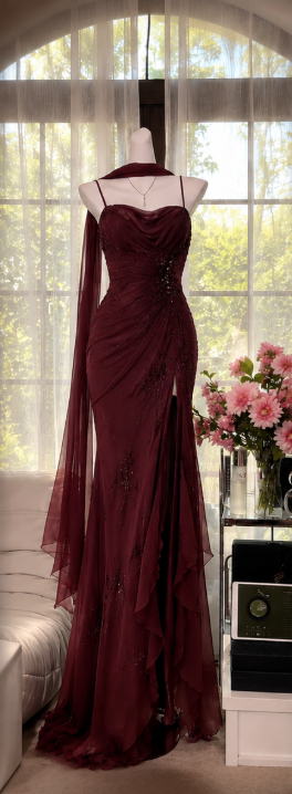 Chic Dark Green Prom Dress Spagehtti Straps Sheath Beaded Chiffon Long Evening Dress DP05870