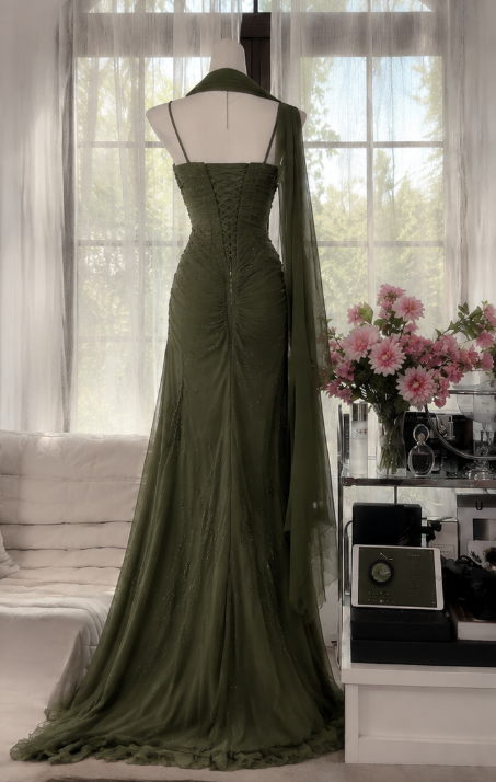 Chic Dark Green Prom Dress Spagehtti Straps Sheath Beaded Chiffon Long Evening Dress DP05870