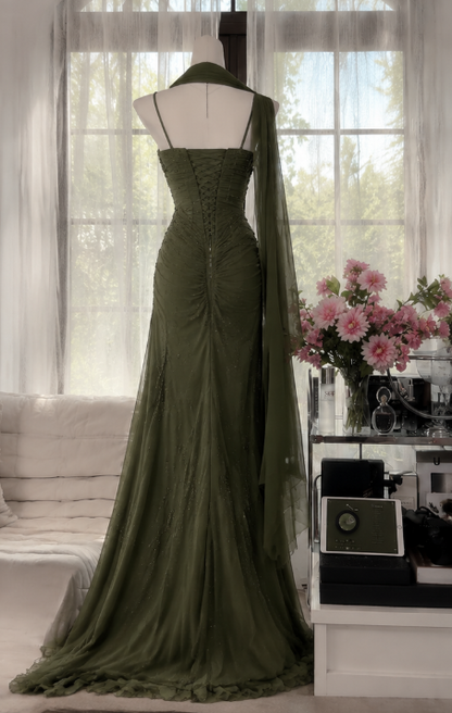 Chic Dark Green Prom Dress Spagehtti Straps Sheath Beaded Chiffon Long Evening Dress DP05870