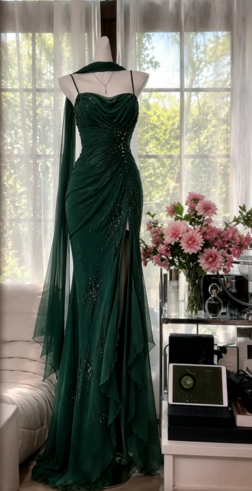 Chic Dark Green Prom Dress Spagehtti Straps Sheath Beaded Chiffon Long Evening Dress DP05870