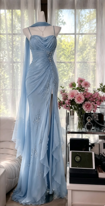 Chic Dark Green Prom Dress Spagehtti Straps Sheath Beaded Chiffon Long Evening Dress DP05870