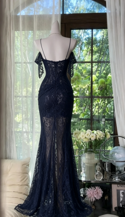 Chic Navy Blue Prom Dress Straps Sheath Lace Long Evening Dress DP06427