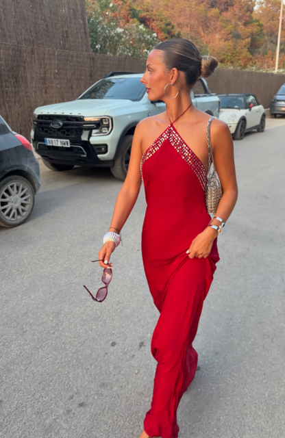 Robe de soirée longue satin fourreau rouge mode DP06997