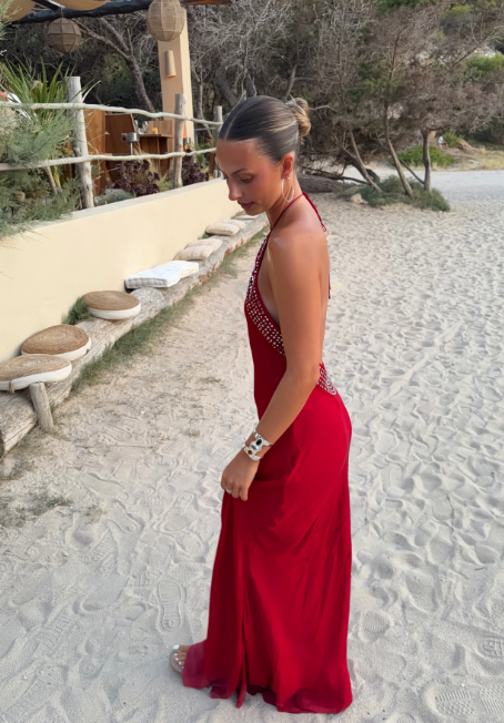 Robe de soirée longue satin fourreau rouge mode DP06997