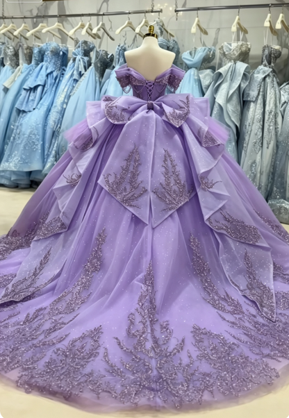 Fairy Purple Ball Gown Sweet 16 Dress Tulle Appliques Quineceanera Dress DP07079