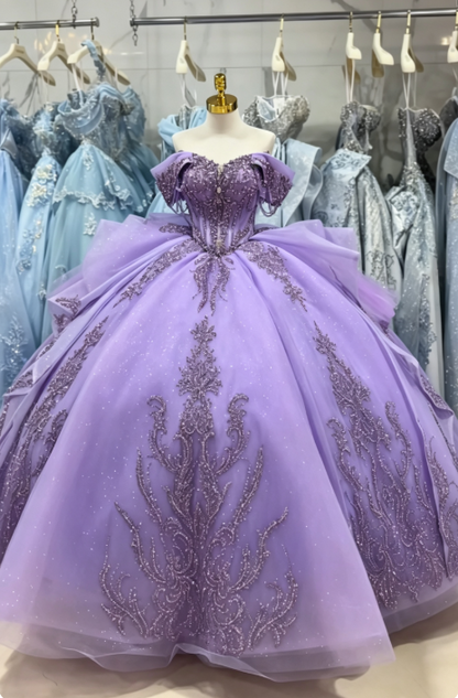 Fairy Purple Ball Gown Sweet 16 Dress Tulle Appliques Quineceanera Dress DP07079