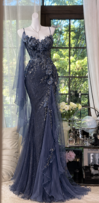 Chic Navy Blue Prom Dress Sheath Chiffon Long Evening Dress DP07700