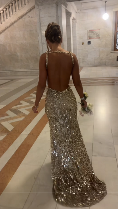 Chic Gold Prom Dress Sheath Sequins Long Evening Dress DP07701