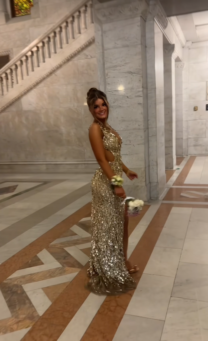 Chic Gold Prom Dress Sheath Sequins Long Evening Dress DP07701