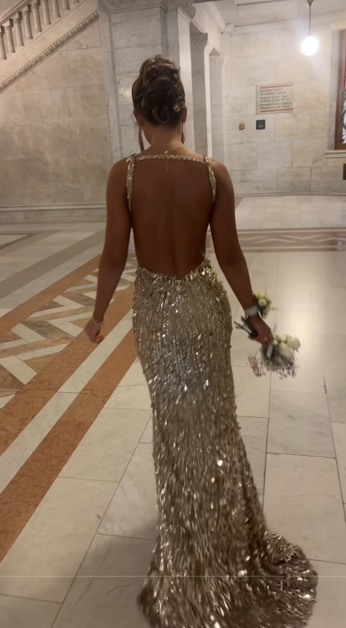 Chic Gold Prom Dress Sheath Sequins Long Evening Dress DP07701