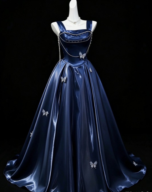 Chic Navy Blue Prom Dress A-Line Satin Long Evening Dress DP07703