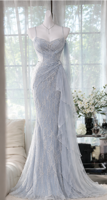 Chic Pale Blue Prom Dress Sheath Chiffon Beaded Long Evening Dress DP07706