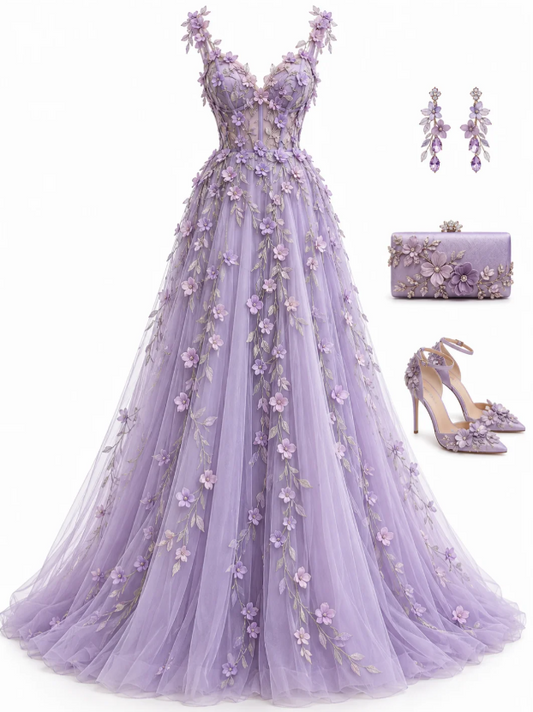 Vintage Purple Prom Dress A-Line Tulle Long Evening Dress DP07710