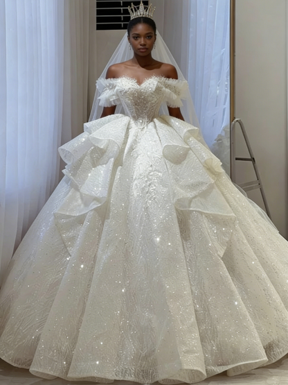 Ethereal Wedding Dress Ball Gown Off The Shoulder Sequin White Wedding Dresses Bridal Gowns DP1342