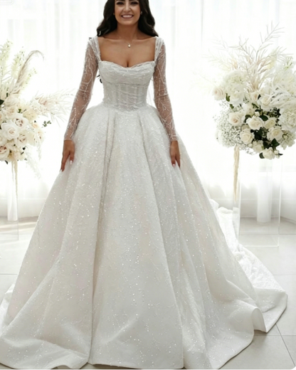 Ethereal Wedding Dress Ball Gown Square Neck Long Sleeves White Wedding Dresses Bridal Gowns DP1353