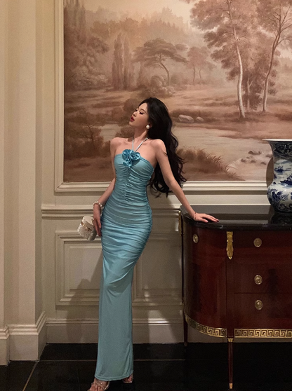 Elegantes Etuikleid mit Neckholder, blau, ärmellos, 21. Geburtstagskleid, Partykleid, Geburtstags-Outfits, Geburtstagskleid-Ideen für Frauen, DP1386