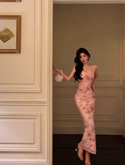 Elegantes Etuikleid mit rosa Blumenmuster, ärmellos, Burgunderrot, 23. Geburtstagskleid, Partykleid, Geburtstags-Outfits, Geburtstagskleid-Ideen für Frauen, DP1387
