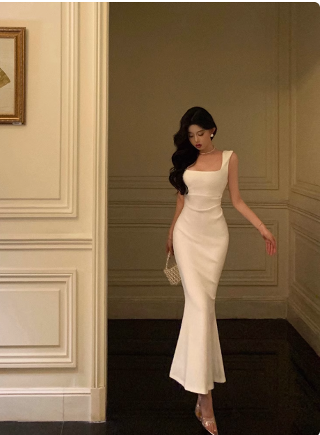 Elegantes Meerjungfrauen-Kleid mit quadratischem Ausschnitt, weiß, ärmellos, burgunderrot, Partykleid, Geburtstags-Outfits, Geburtstagskleid-Ideen für Frauen, DP1390