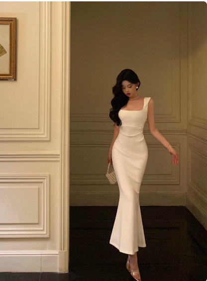 Elegantes Meerjungfrauen-Kleid mit quadratischem Ausschnitt, weiß, ärmellos, burgunderrot, Partykleid, Geburtstags-Outfits, Geburtstagskleid-Ideen für Frauen, DP1390