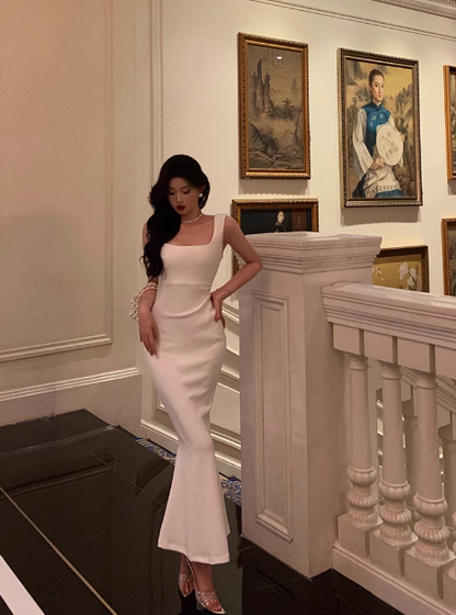 Elegantes Meerjungfrauen-Kleid mit quadratischem Ausschnitt, weiß, ärmellos, burgunderrot, Partykleid, Geburtstags-Outfits, Geburtstagskleid-Ideen für Frauen, DP1390