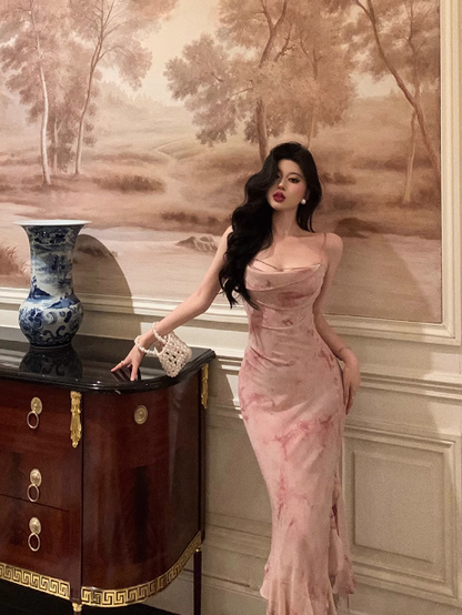 Elegantes Meerjungfrau-Spaghettiträger-Kleid mit rosa Blumenmuster, ärmellos, 21. Geburtstagskleid, Partykleid, Geburtstags-Outfits, Geburtstagskleid-Ideen für Frauen, DP1394