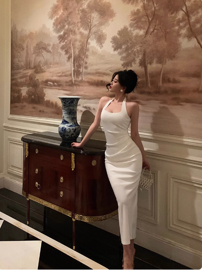 Elegantes Etuikleid mit Neckholder, weiß, 21. Geburtstagskleid, Partykleid, Geburtstags-Outfits, Geburtstagskleid-Ideen für Frauen, DP1419
