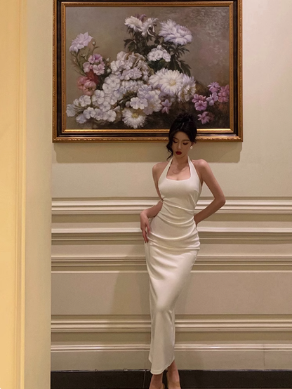 Elegantes Etuikleid mit Neckholder, weiß, 21. Geburtstagskleid, Partykleid, Geburtstags-Outfits, Geburtstagskleid-Ideen für Frauen, DP1419