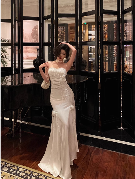 Elegant Mermaid Sweetheart White Satin 23rd Birthday Dress Party Gown Birthday Outfits Birthday Dress Ideas For Women DP1486