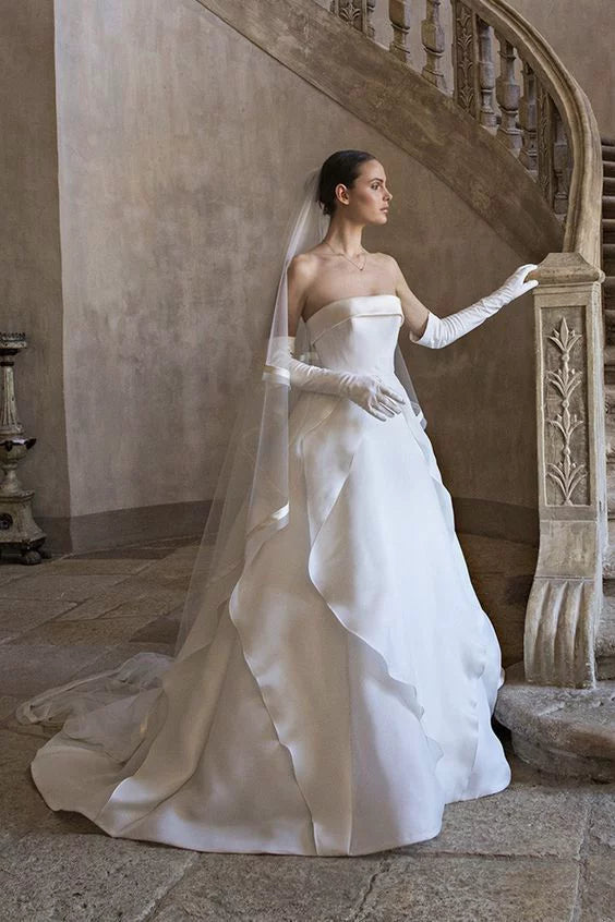 Hübsches Brautkleid Ballkleid Trägerloses Satin Weiß Lange Brautkleider Brautkleider Mit Handschuhen DP1821