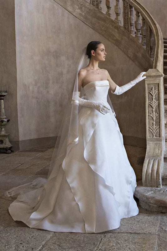 Hübsches Brautkleid Ballkleid Trägerloses Satin Weiß Lange Brautkleider Brautkleider Mit Handschuhen DP1821