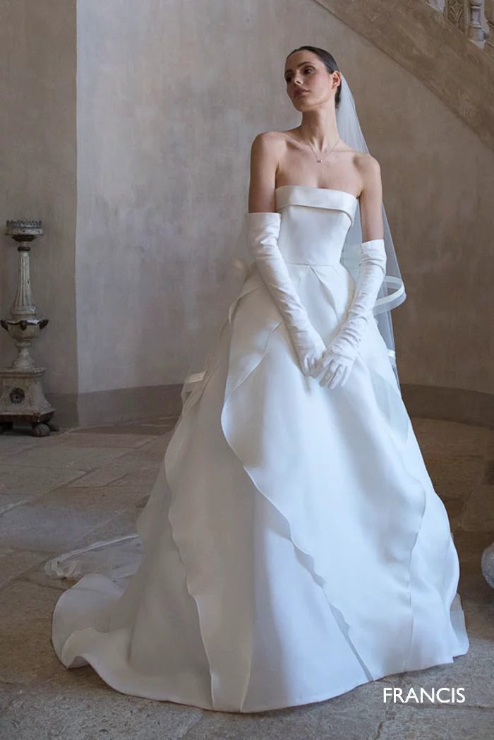 Hübsches Brautkleid Ballkleid Trägerloses Satin Weiß Lange Brautkleider Brautkleider Mit Handschuhen DP1821